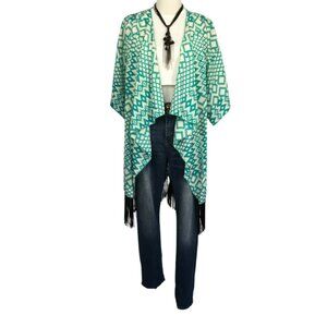 LuLaRoe Monroe Kimono – Turquoise Tribal with Fringe